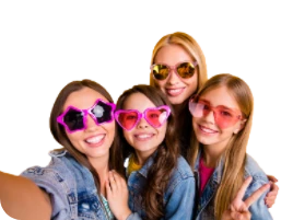 Smiling friends in sunglasses at camp. Recommend a friend and save!