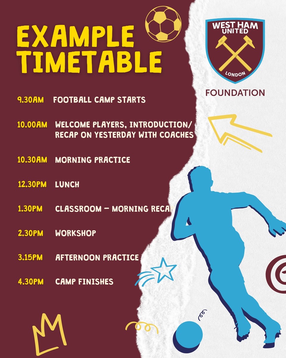 Official West Ham United Foundation school holiday camp example timetable for Barracudas